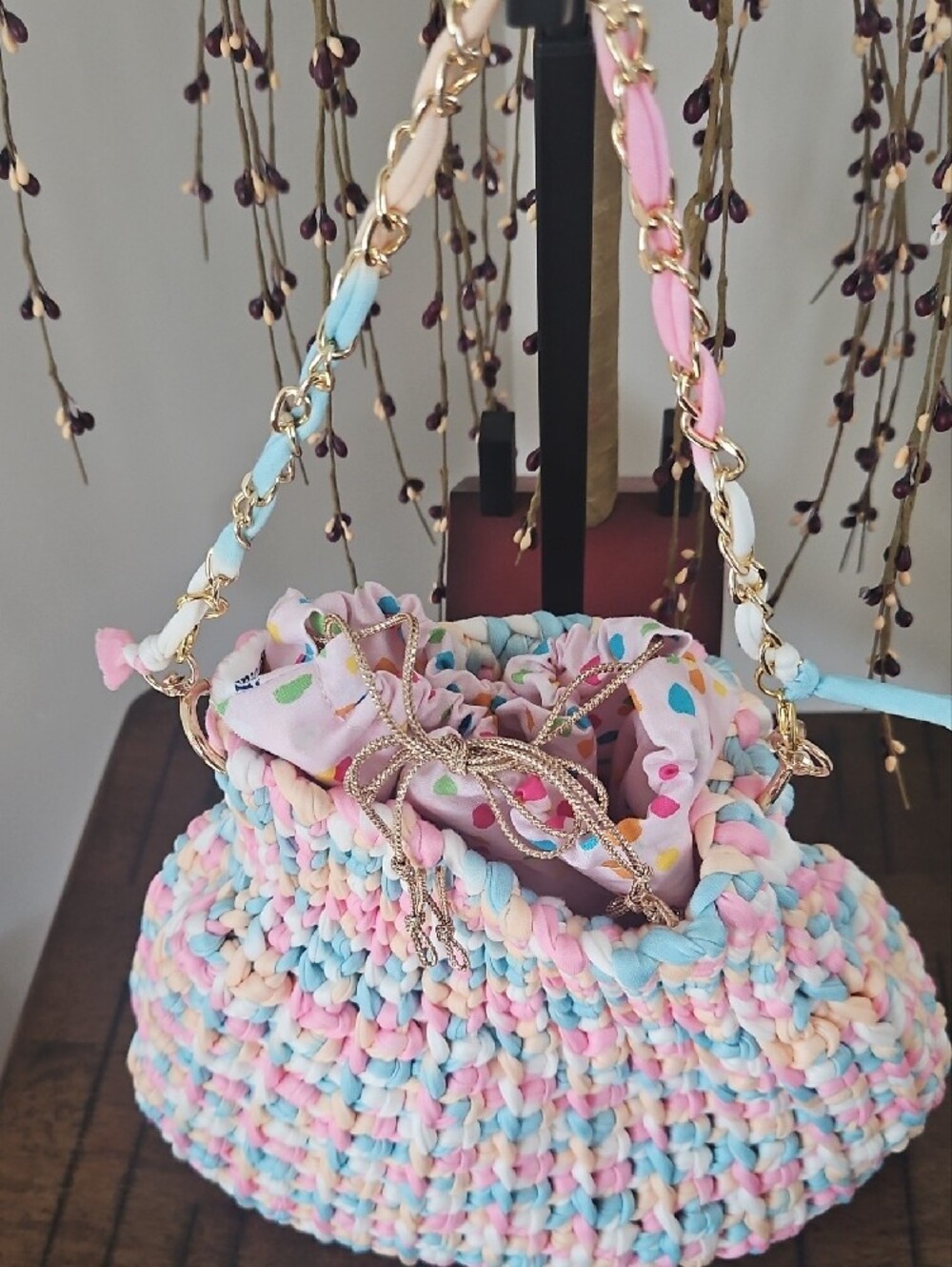 Pastel Hand Crocheted By Me Bucket Shoulder Bag - Pink Blue Cream - Picture 2 of 4